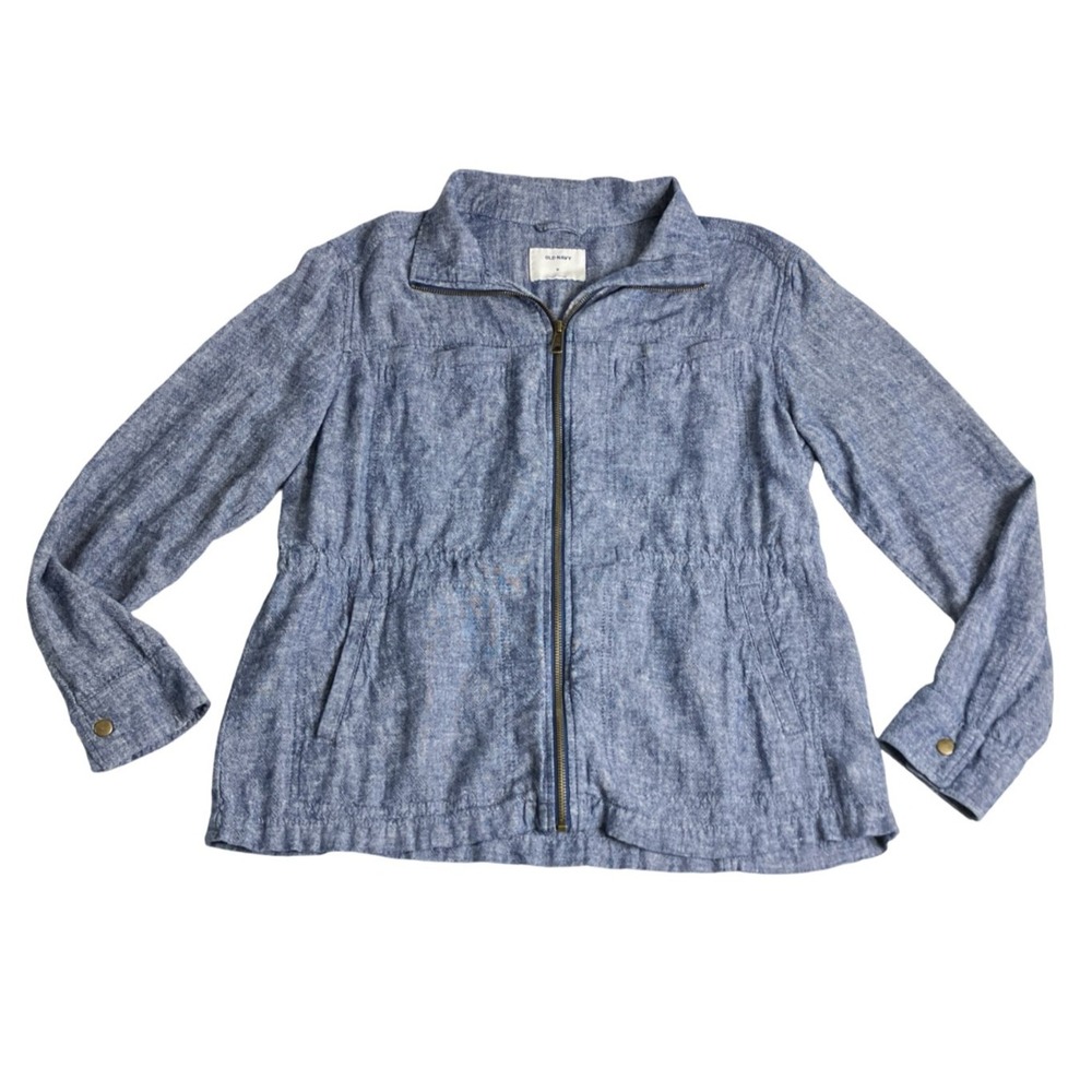Old Navy Linen Blend Utility Jacket Womens Medium Chambray Blue Zip Cinch Waist